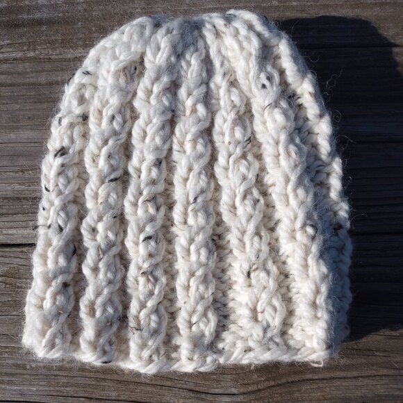 Alpaca Beanie Skully Hat Men Thick Chunky Hand Knit Wool Rib Biscotti White M-L - Picture 7 of 9